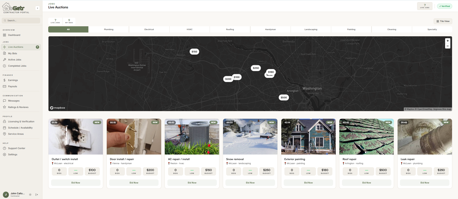 Contractor live auctions map view